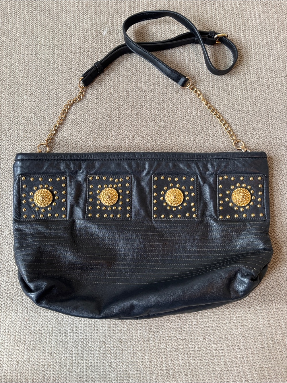 Vintage Samir Black Genuine Leather Shoulder Bag with Gold Stud Accents